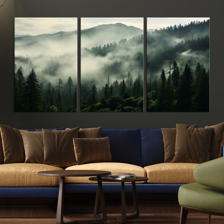 Captivating Misty Forest Wall ArtPremium Canvas Print for a Foggy and Serene Atmosphere