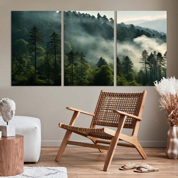 Captivating Misty Forest Wall ArtPremium Canvas Print for a Foggy and Serene Atmosphere