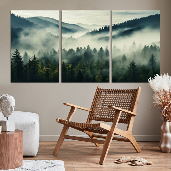 Captivating Misty Forest Wall ArtPremium Canvas Print for a Foggy and Serene Atmosphere