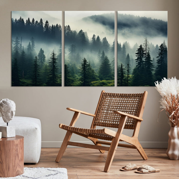 Captivating Misty Forest Wall ArtPremium Canvas Print for a Foggy and Serene Atmosphere