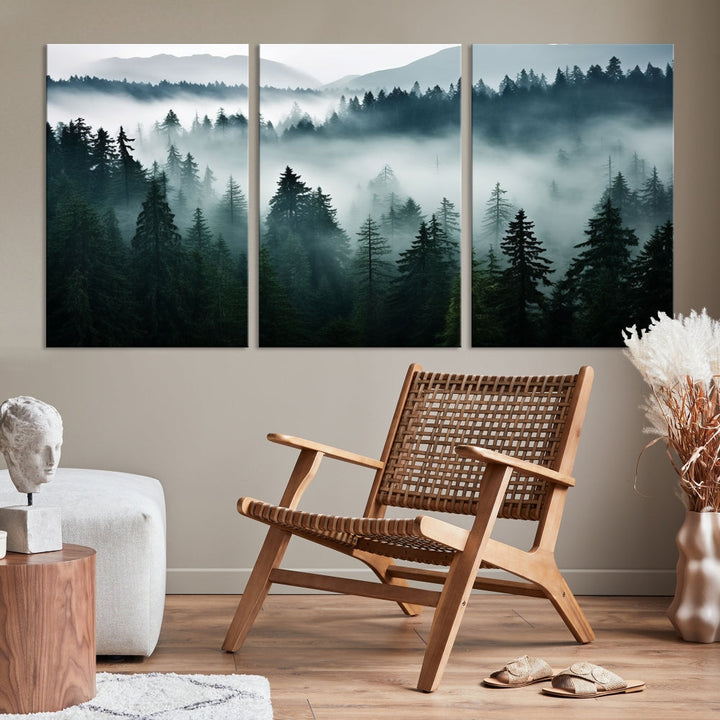 Captivating Misty Forest Wall ArtPremium Canvas Print for a Foggy and Serene Atmosphere