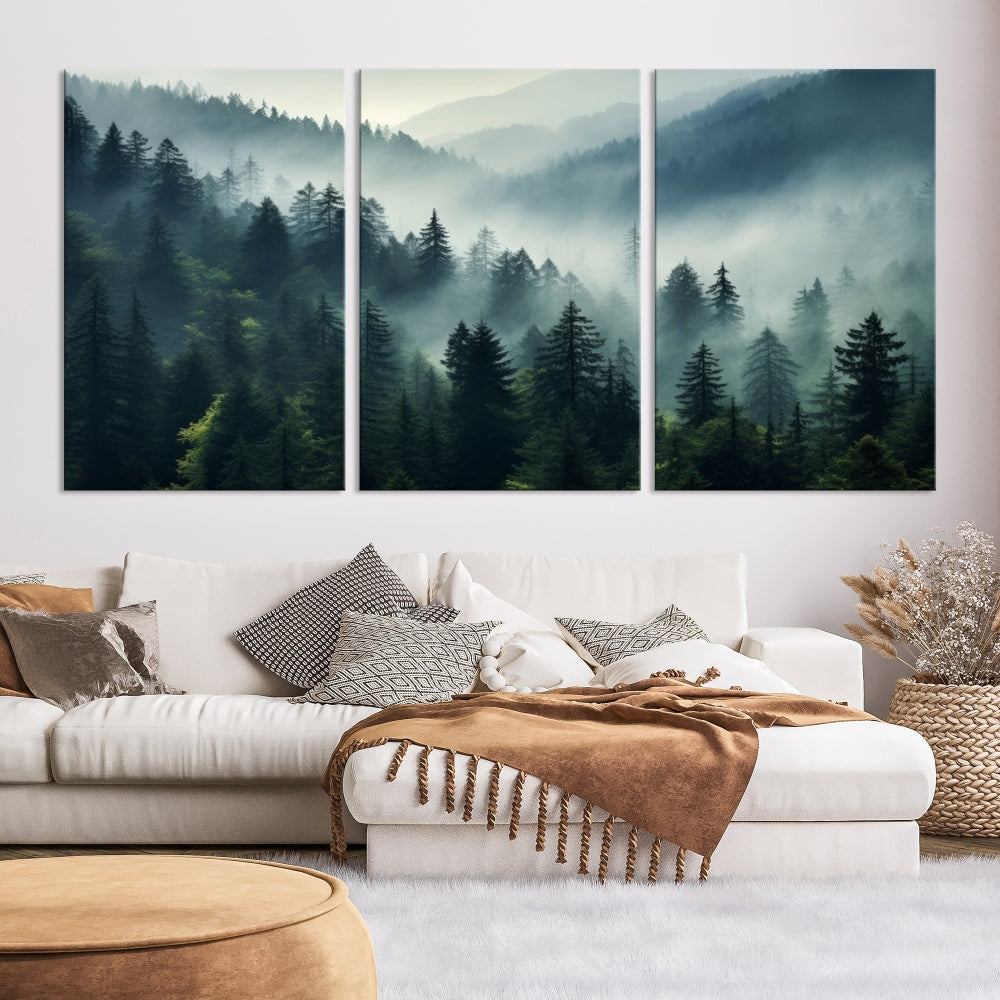 Captivating Misty Forest Wall ArtPremium Canvas Print for a Foggy and Serene Atmosphere