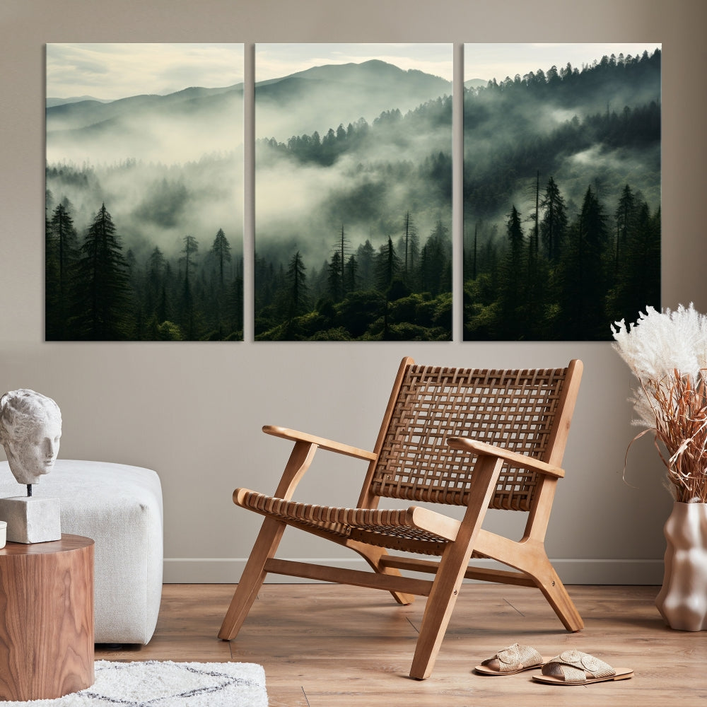 Captivating Misty Forest Wall ArtPremium Canvas Print for a Foggy and Serene Atmosphere