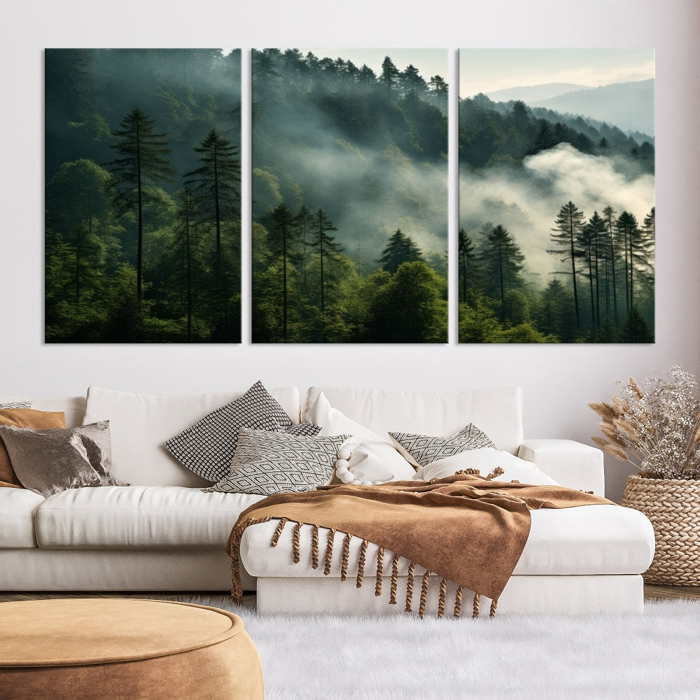 Captivating Misty Forest Wall ArtPremium Canvas Print for a Foggy and Serene Atmosphere