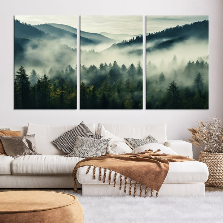 Captivating Misty Forest Wall ArtPremium Canvas Print for a Foggy and Serene Atmosphere