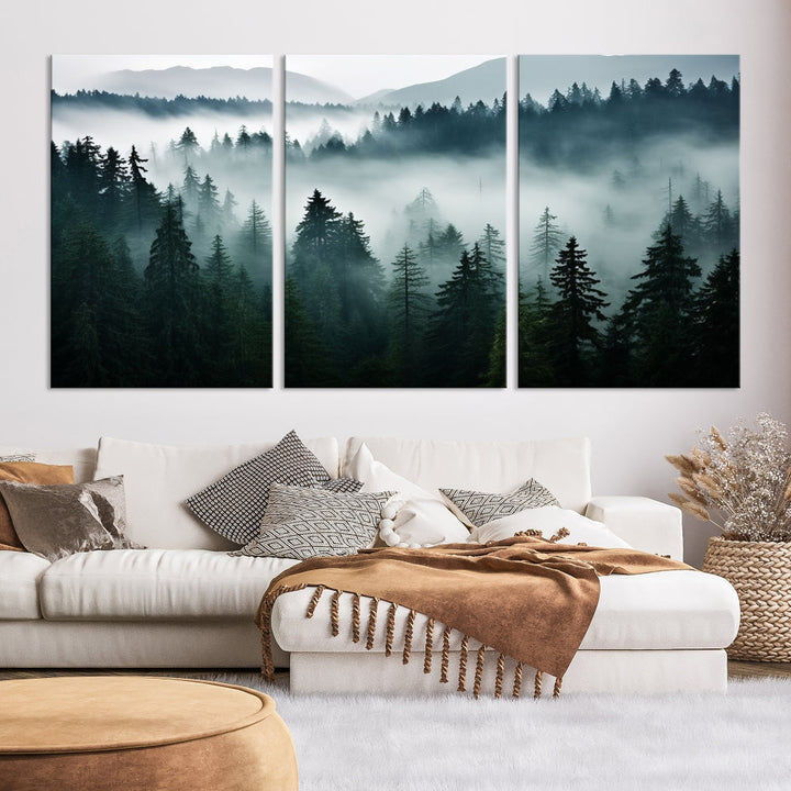 Captivating Misty Forest Wall ArtPremium Canvas Print for a Foggy and Serene Atmosphere