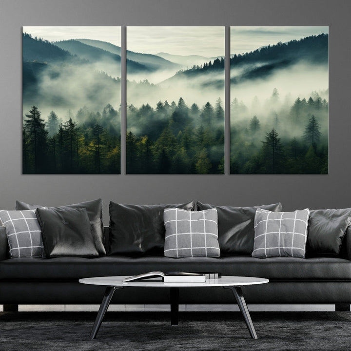 Captivating Misty Forest Wall ArtPremium Canvas Print for a Foggy and Serene Atmosphere