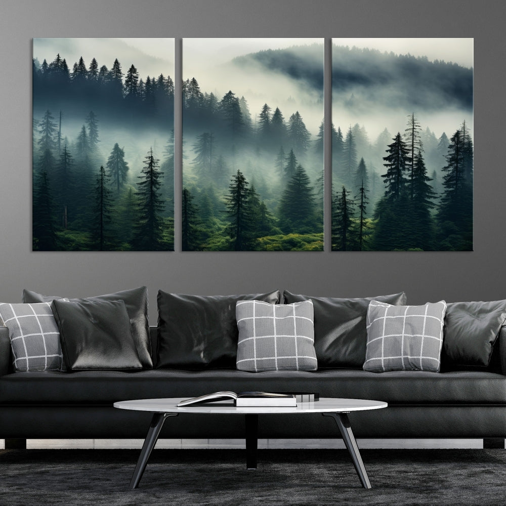 Captivating Misty Forest Wall ArtPremium Canvas Print for a Foggy and Serene Atmosphere