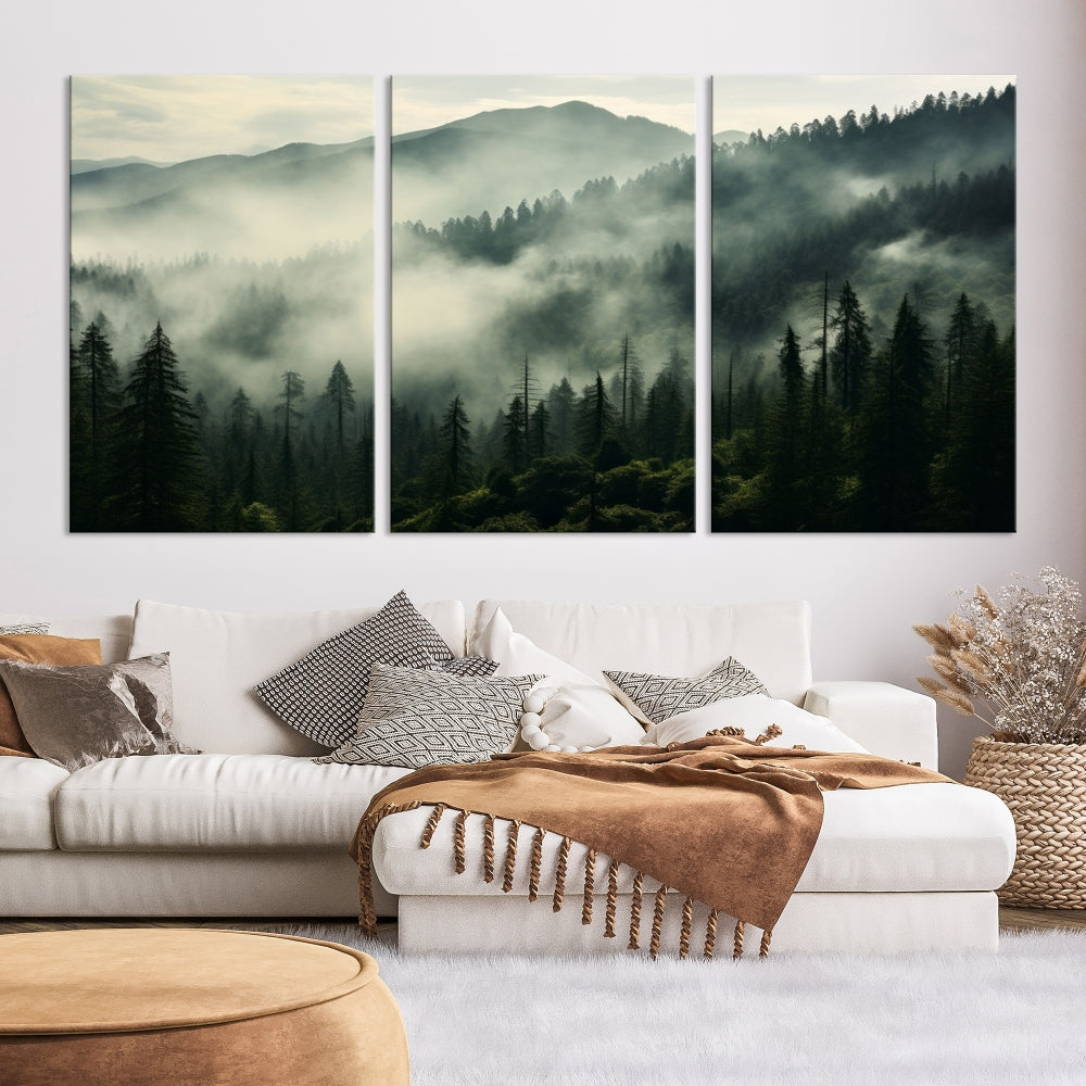 Captivating Misty Forest Wall ArtPremium Canvas Print for a Foggy and Serene Atmosphere