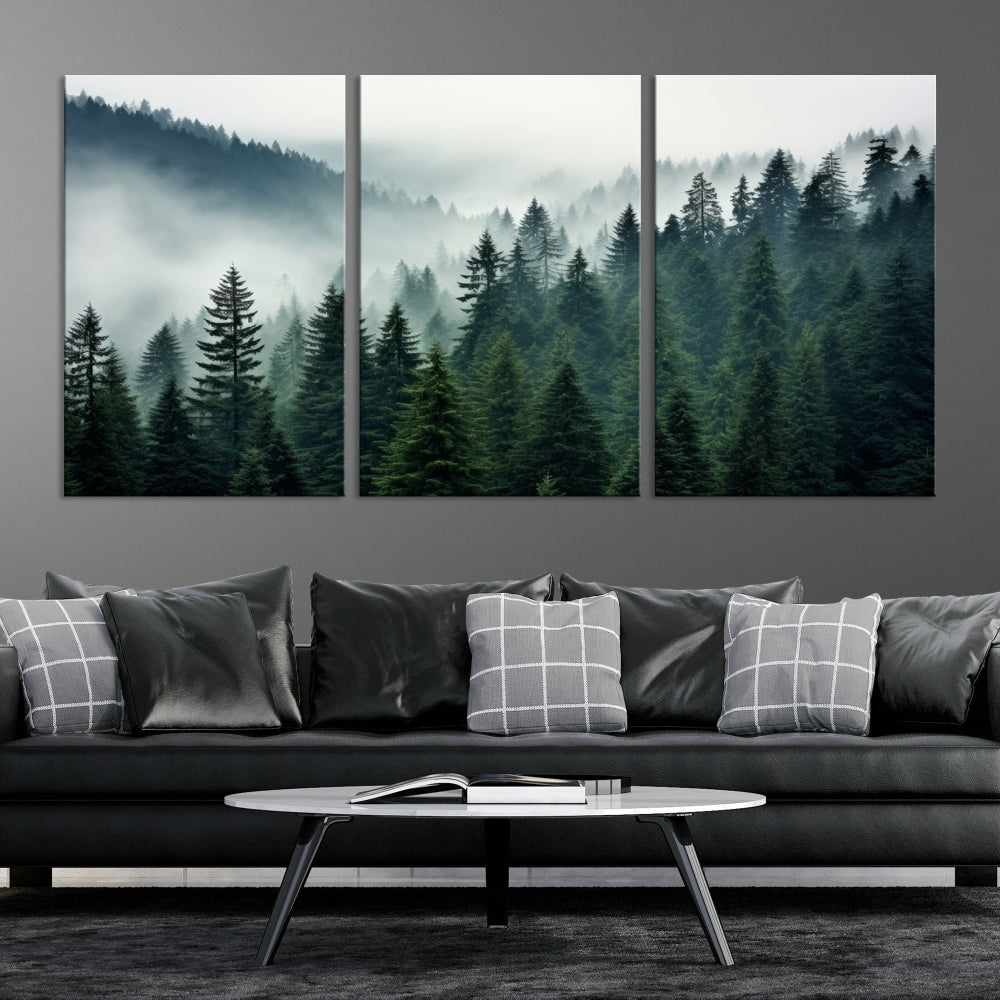 Captivating Misty Forest Wall ArtPremium Canvas Print for a Foggy and Serene Atmosphere