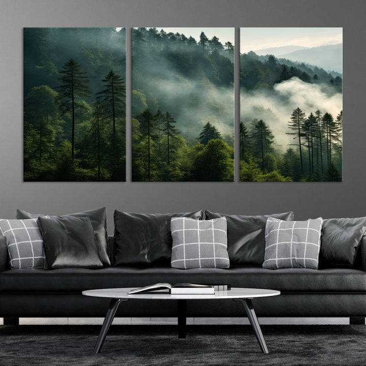 Captivating Misty Forest Wall ArtPremium Canvas Print for a Foggy and Serene Atmosphere