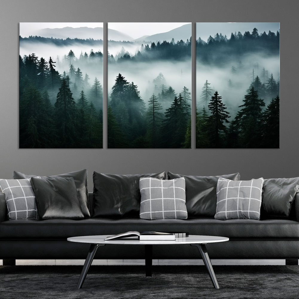 Captivating Misty Forest Wall ArtPremium Canvas Print for a Foggy and Serene Atmosphere