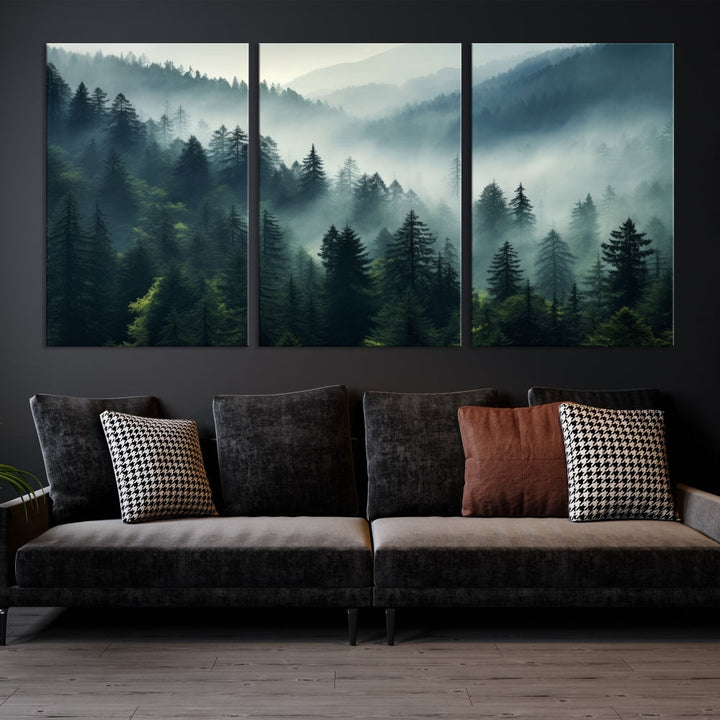 Captivating Misty Forest Wall ArtPremium Canvas Print for a Foggy and Serene Atmosphere