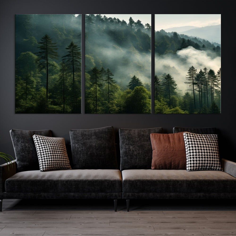 Captivating Misty Forest Wall ArtPremium Canvas Print for a Foggy and Serene Atmosphere