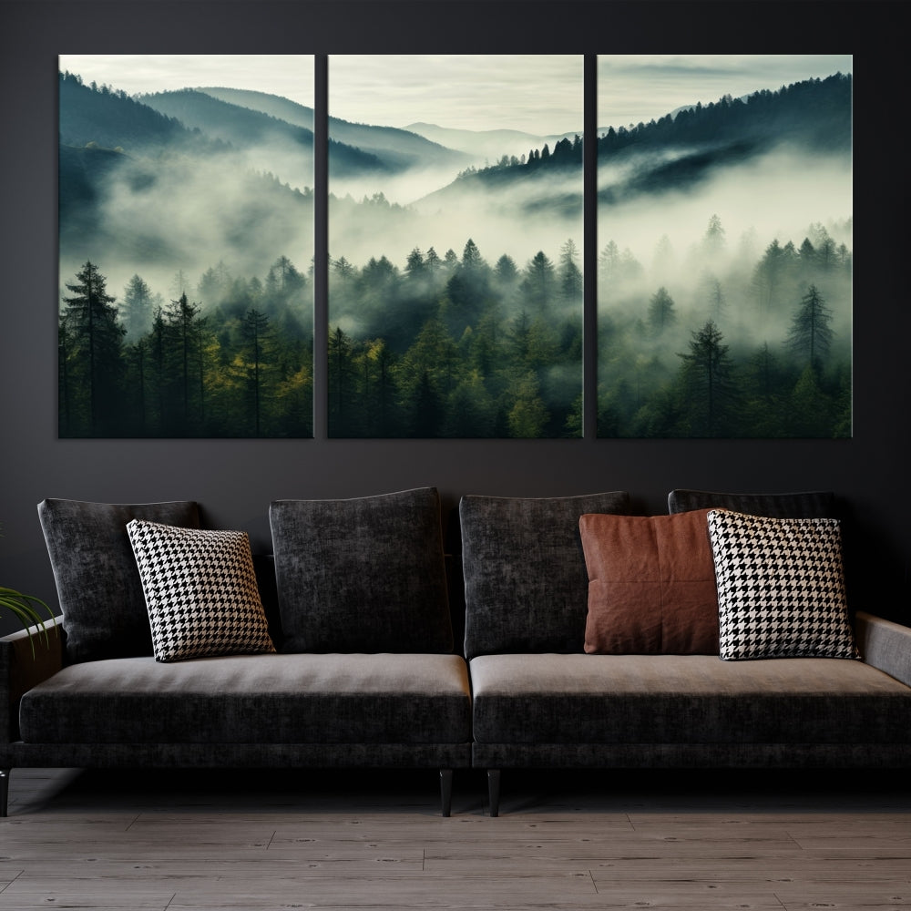 Captivating Misty Forest Wall ArtPremium Canvas Print for a Foggy and Serene Atmosphere