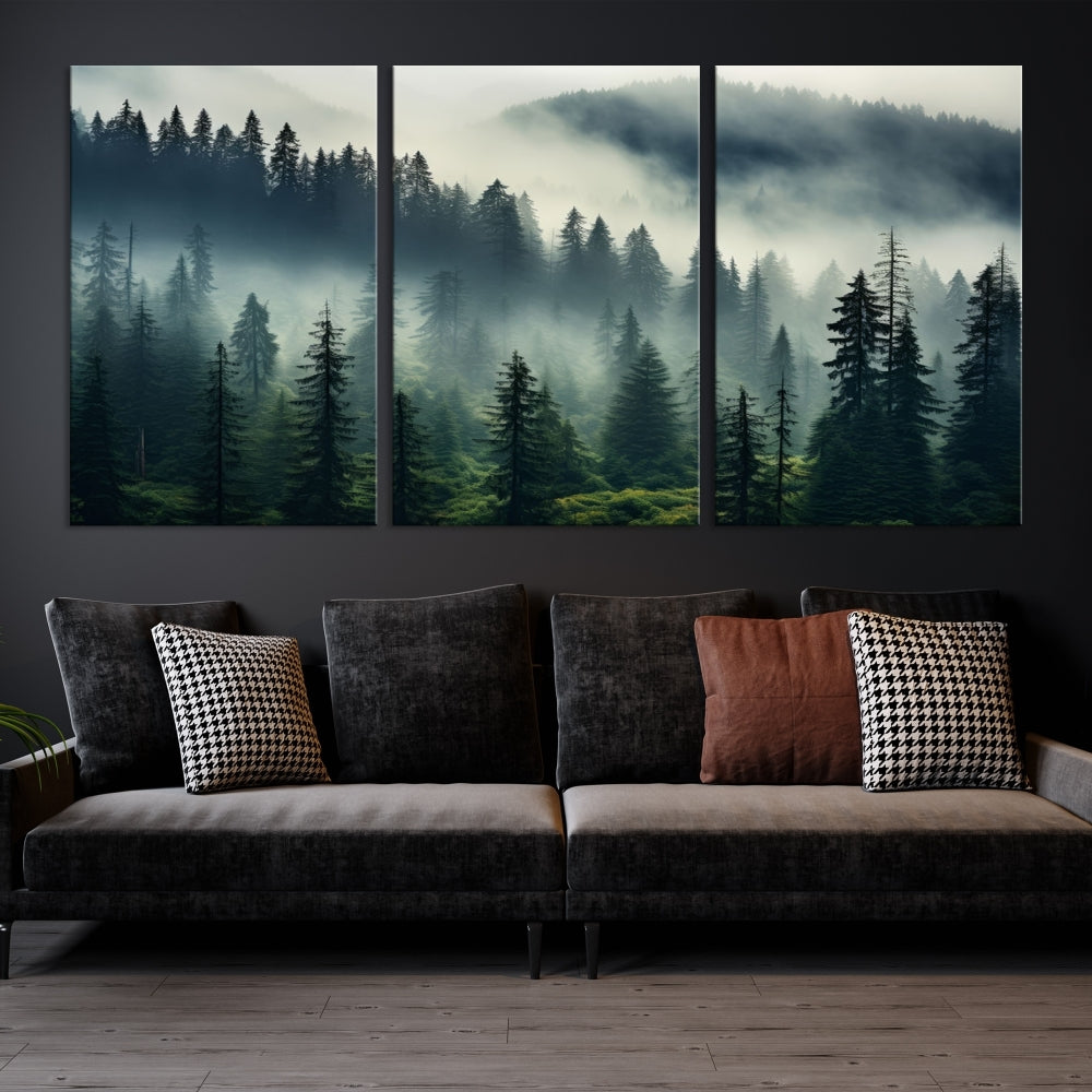 Captivating Misty Forest Wall ArtPremium Canvas Print for a Foggy and Serene Atmosphere