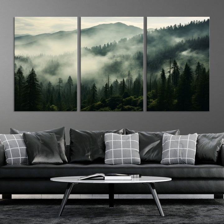 Captivating Misty Forest Wall ArtPremium Canvas Print for a Foggy and Serene Atmosphere