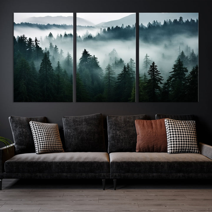 Captivating Misty Forest Wall ArtPremium Canvas Print for a Foggy and Serene Atmosphere