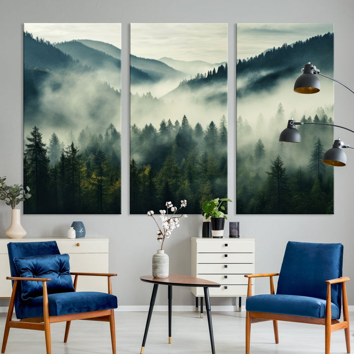 Captivating Misty Forest Wall ArtPremium Canvas Print for a Foggy and Serene Atmosphere