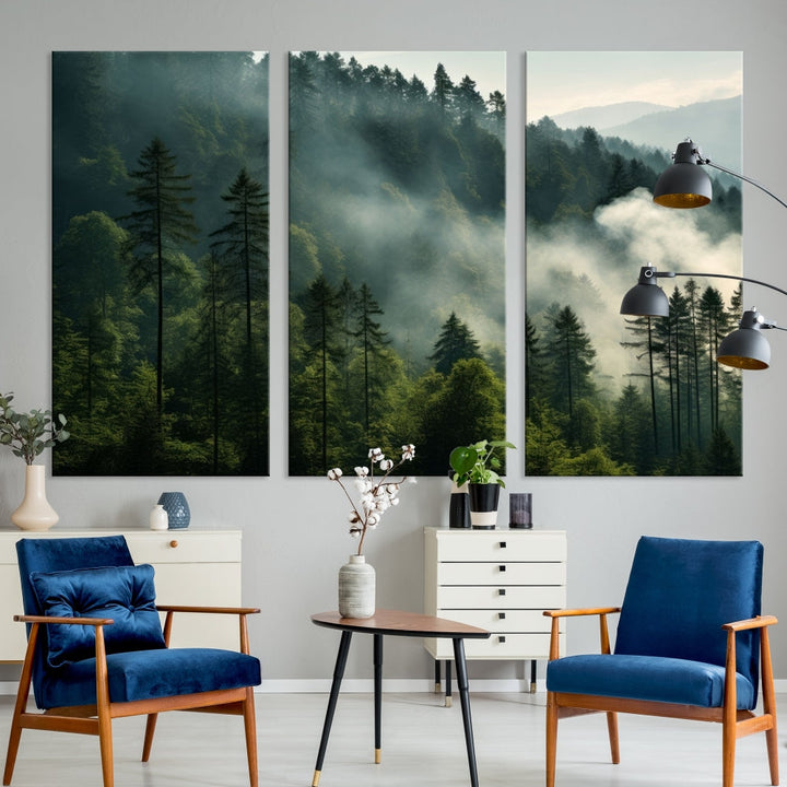 Captivating Misty Forest Wall ArtPremium Canvas Print for a Foggy and Serene Atmosphere