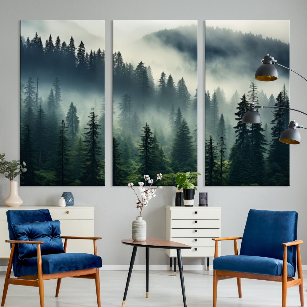 Captivating Misty Forest Wall ArtPremium Canvas Print for a Foggy and Serene Atmosphere