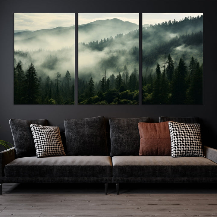 Captivating Misty Forest Wall ArtPremium Canvas Print for a Foggy and Serene Atmosphere