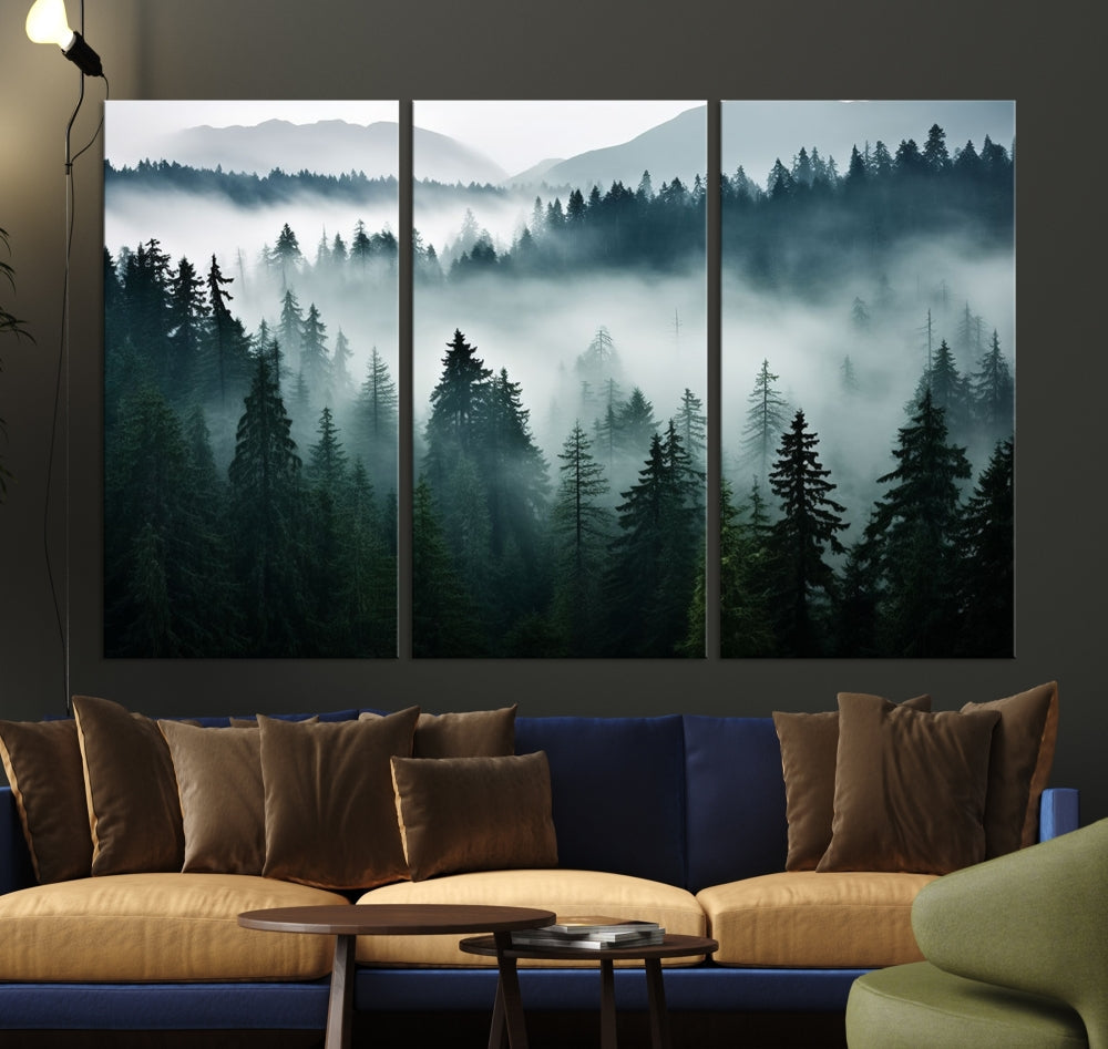 Captivating Misty Forest Wall ArtPremium Canvas Print for a Foggy and Serene Atmosphere