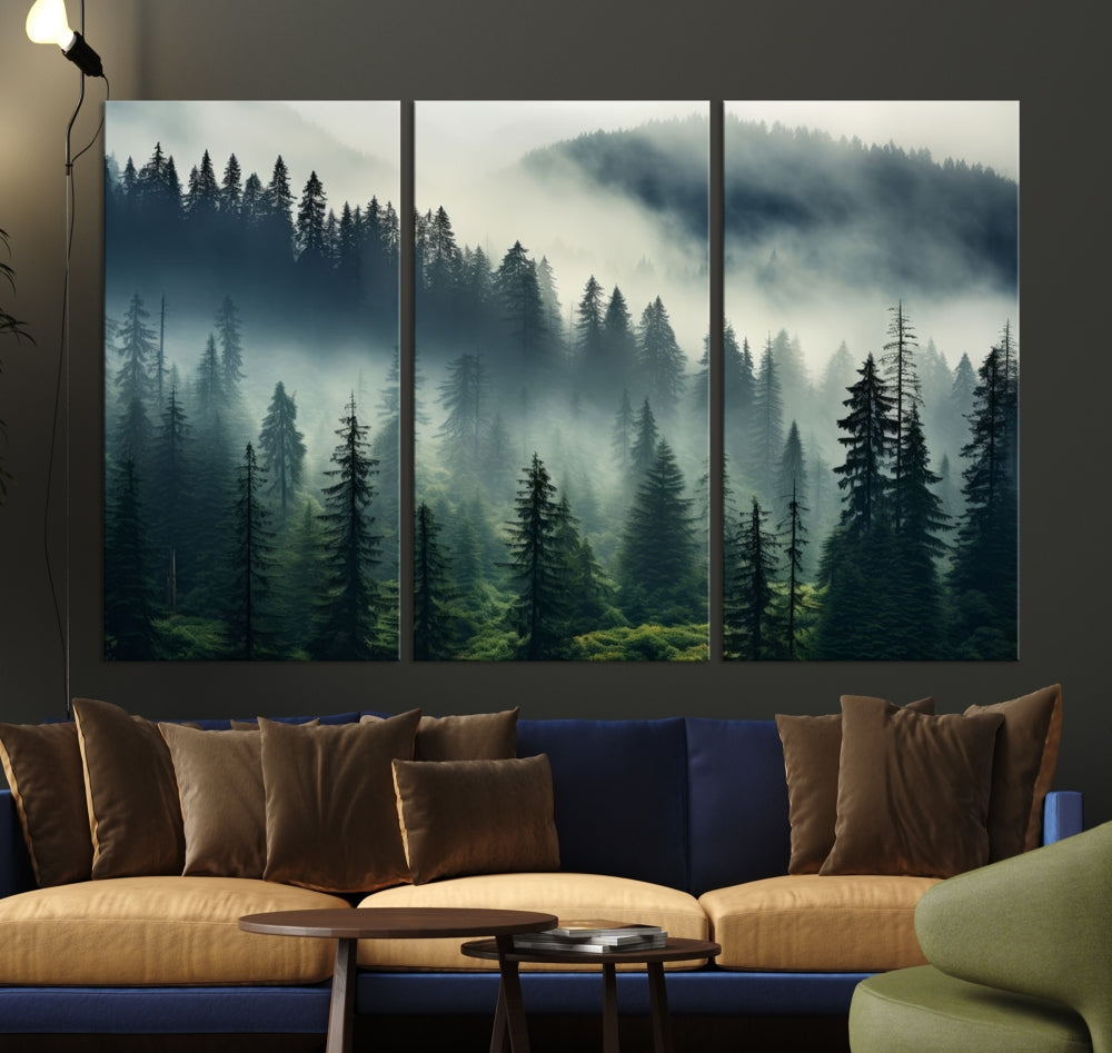 Captivating Misty Forest Wall ArtPremium Canvas Print for a Foggy and Serene Atmosphere