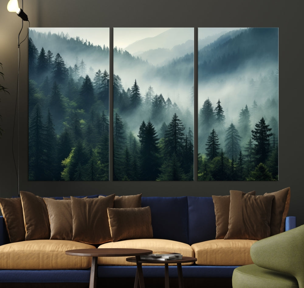 Captivating Misty Forest Wall ArtPremium Canvas Print for a Foggy and Serene Atmosphere