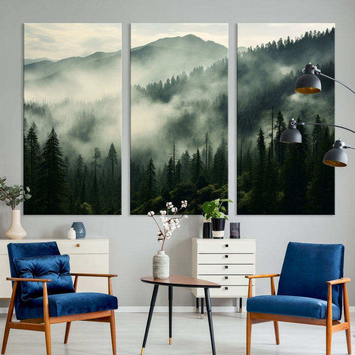 Captivating Misty Forest Wall ArtPremium Canvas Print for a Foggy and Serene Atmosphere