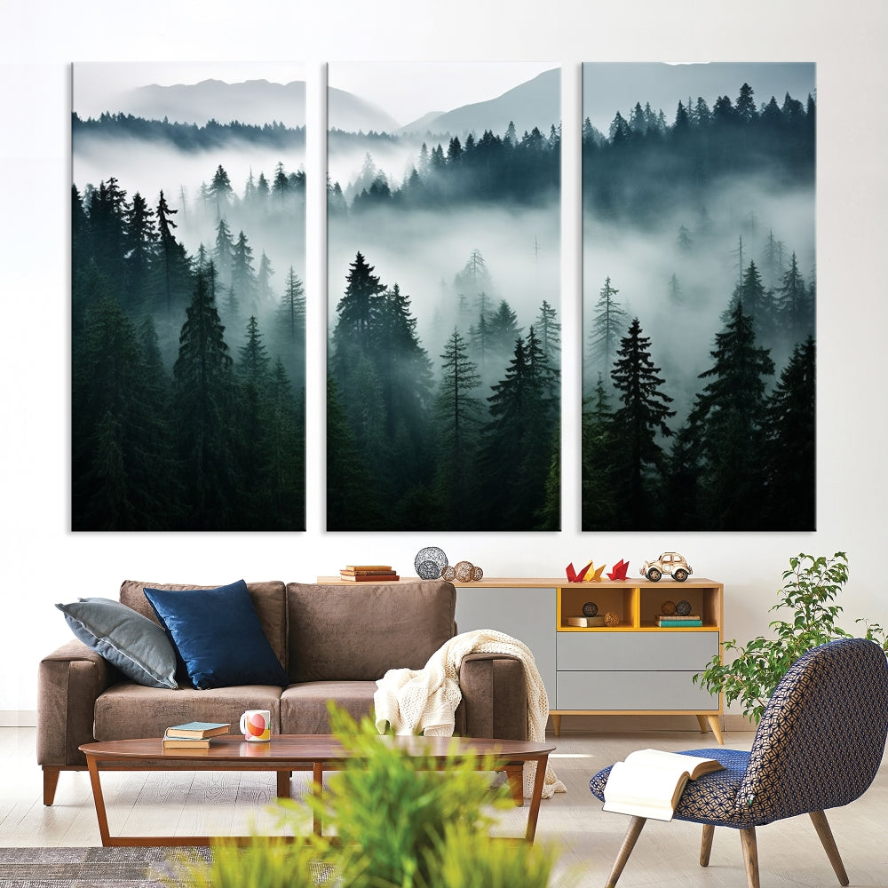 Captivating Misty Forest Wall ArtPremium Canvas Print for a Foggy and Serene Atmosphere