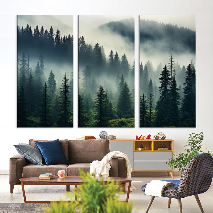 Captivating Misty Forest Wall ArtPremium Canvas Print for a Foggy and Serene Atmosphere