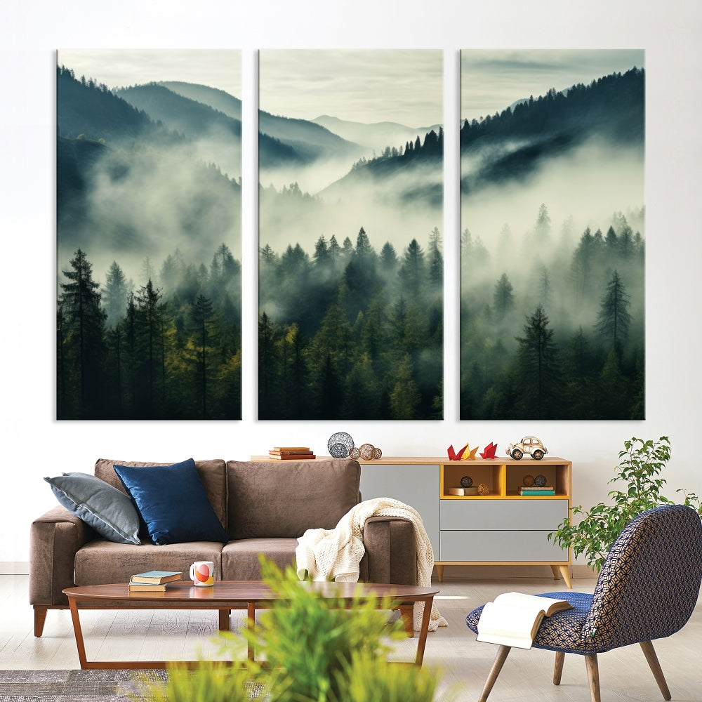 Captivating Misty Forest Wall ArtPremium Canvas Print for a Foggy and Serene Atmosphere