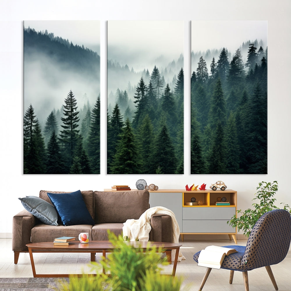 Captivating Misty Forest Wall ArtPremium Canvas Print for a Foggy and Serene Atmosphere