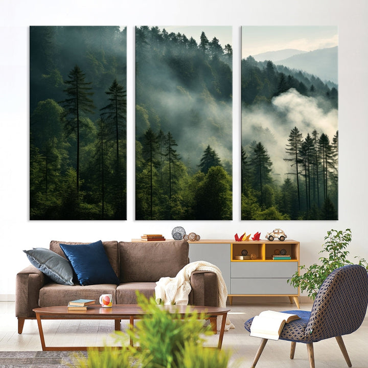 Captivating Misty Forest Wall ArtPremium Canvas Print for a Foggy and Serene Atmosphere