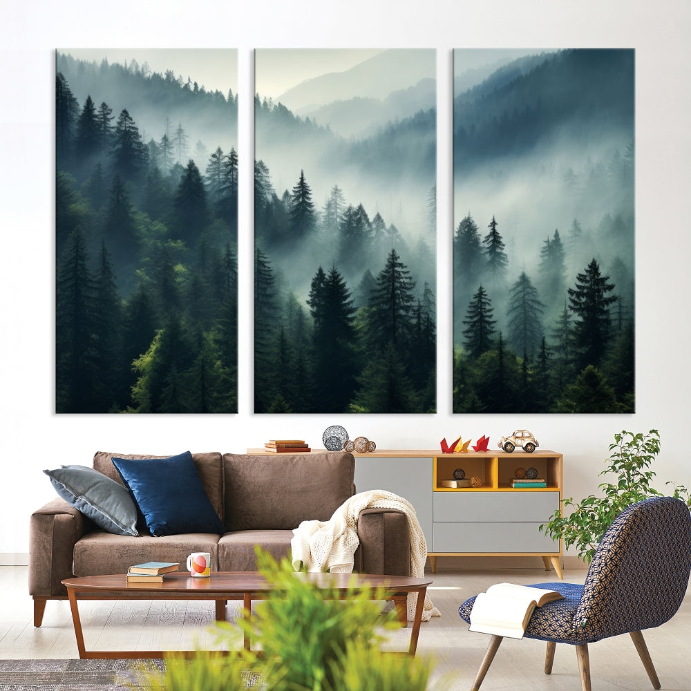 Captivating Misty Forest Wall ArtPremium Canvas Print for a Foggy and Serene Atmosphere