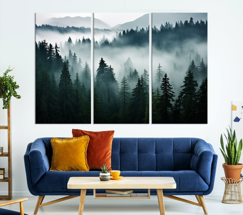 Captivating Misty Forest Wall ArtPremium Canvas Print for a Foggy and Serene Atmosphere