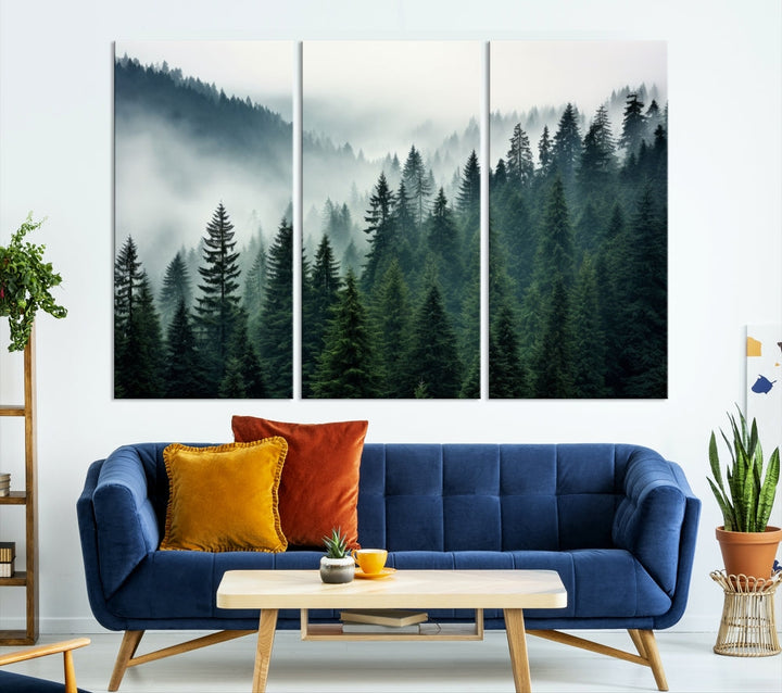 Captivating Misty Forest Wall ArtPremium Canvas Print for a Foggy and Serene Atmosphere