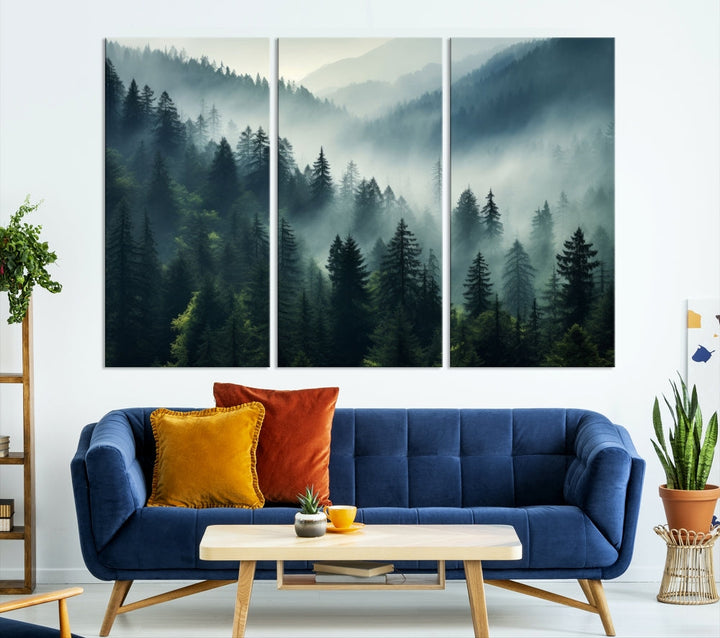 Captivating Misty Forest Wall ArtPremium Canvas Print for a Foggy and Serene Atmosphere