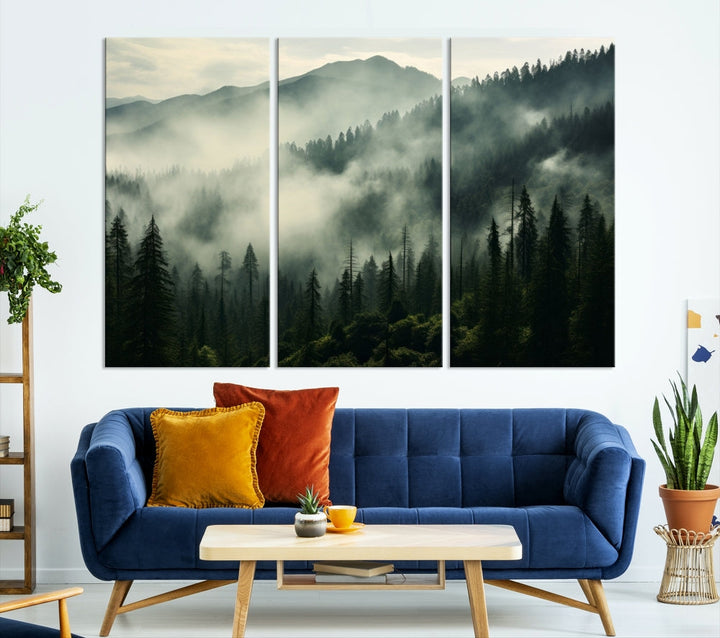 Captivating Misty Forest Wall ArtPremium Canvas Print for a Foggy and Serene Atmosphere