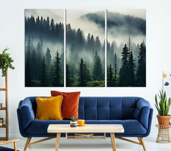 Captivating Misty Forest Wall ArtPremium Canvas Print for a Foggy and Serene Atmosphere