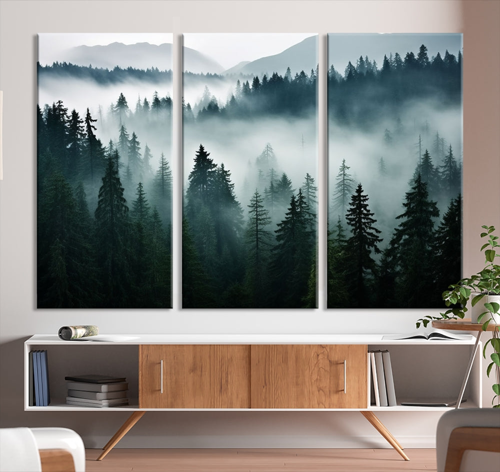 Captivating Misty Forest Wall ArtPremium Canvas Print for a Foggy and Serene Atmosphere