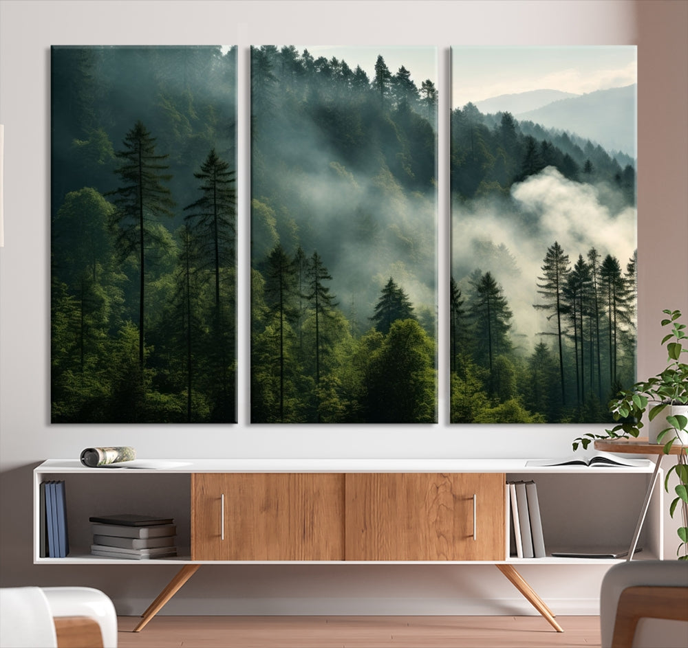 Captivating Misty Forest Wall ArtPremium Canvas Print for a Foggy and Serene Atmosphere