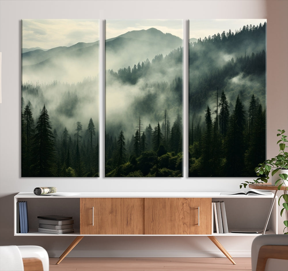 Captivating Misty Forest Wall ArtPremium Canvas Print for a Foggy and Serene Atmosphere