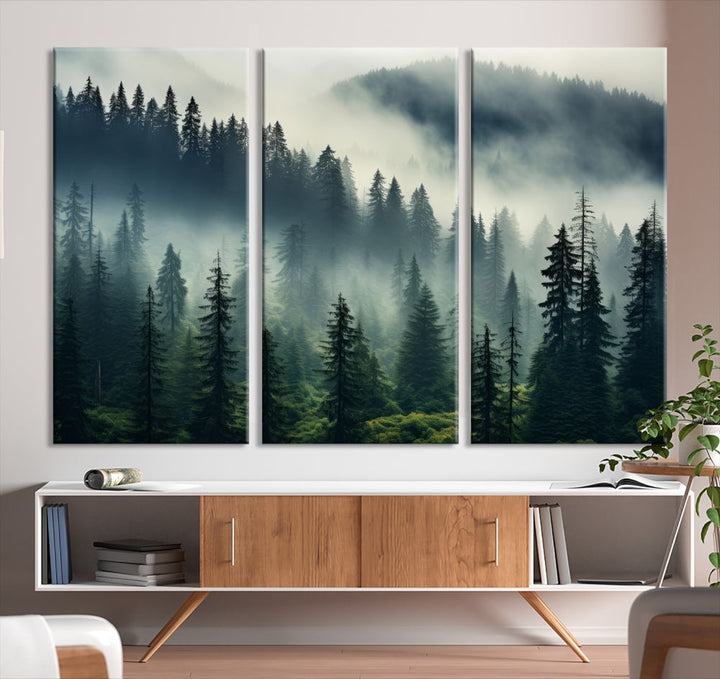 Captivating Misty Forest Wall ArtPremium Canvas Print for a Foggy and Serene Atmosphere