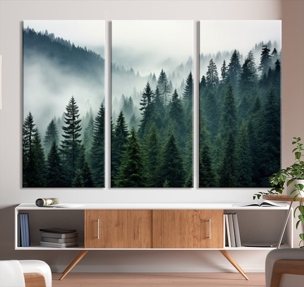 Captivating Misty Forest Wall ArtPremium Canvas Print for a Foggy and Serene Atmosphere