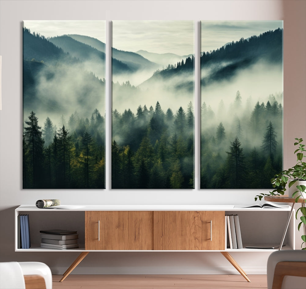 Captivating Misty Forest Wall ArtPremium Canvas Print for a Foggy and Serene Atmosphere