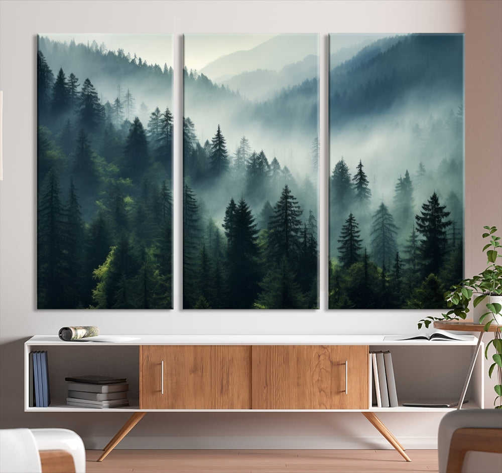 Captivating Misty Forest Wall ArtPremium Canvas Print for a Foggy and Serene Atmosphere