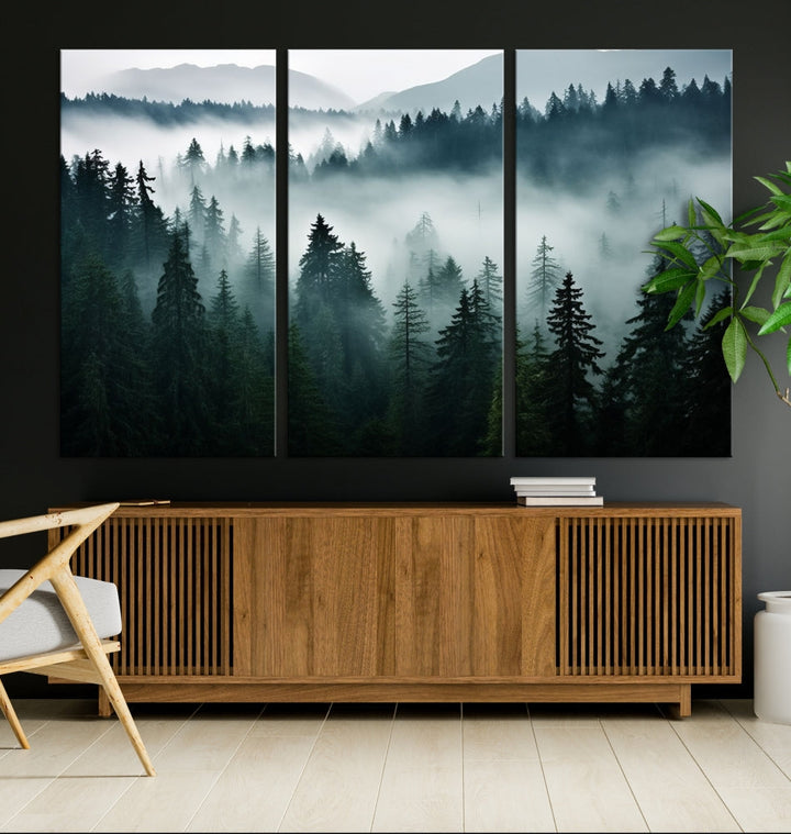 Captivating Misty Forest Wall ArtPremium Canvas Print for a Foggy and Serene Atmosphere