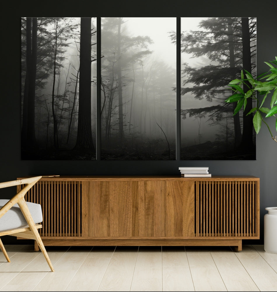 Captivating Misty Forest Wall ArtPremium Canvas Print for a Foggy and Serene Atmosphere